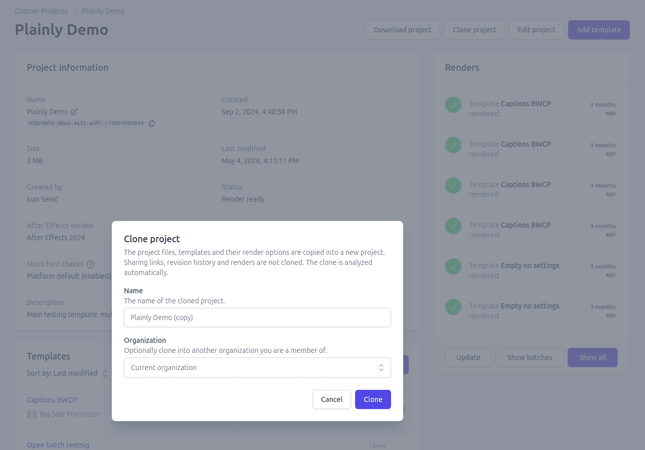 Clone project dialog on the Project details page
