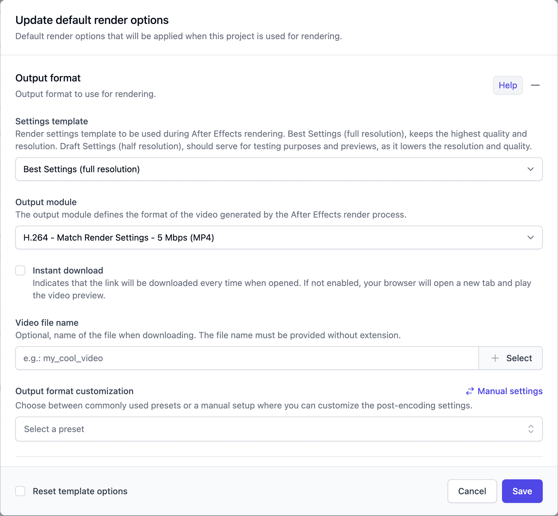 Default render options modal on the Project details page