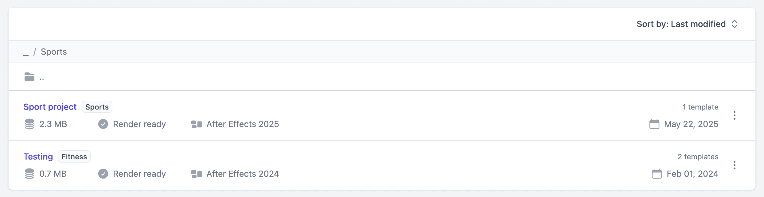 Projects list with folders
