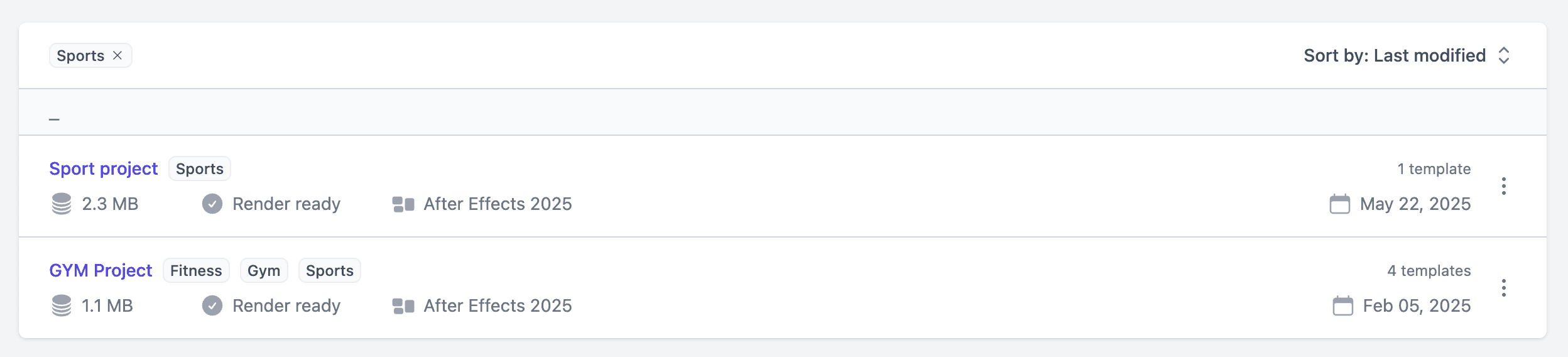 Projects list with tags