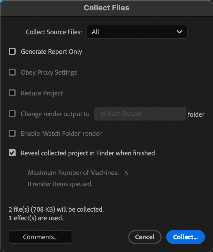 Collect files dialog in After Effects
