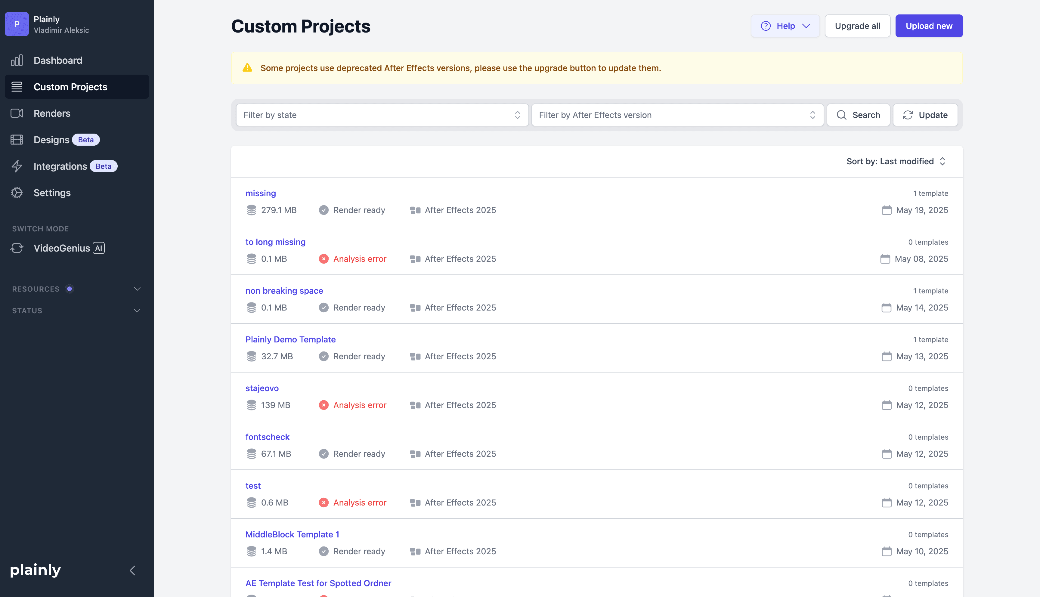 List of projects page