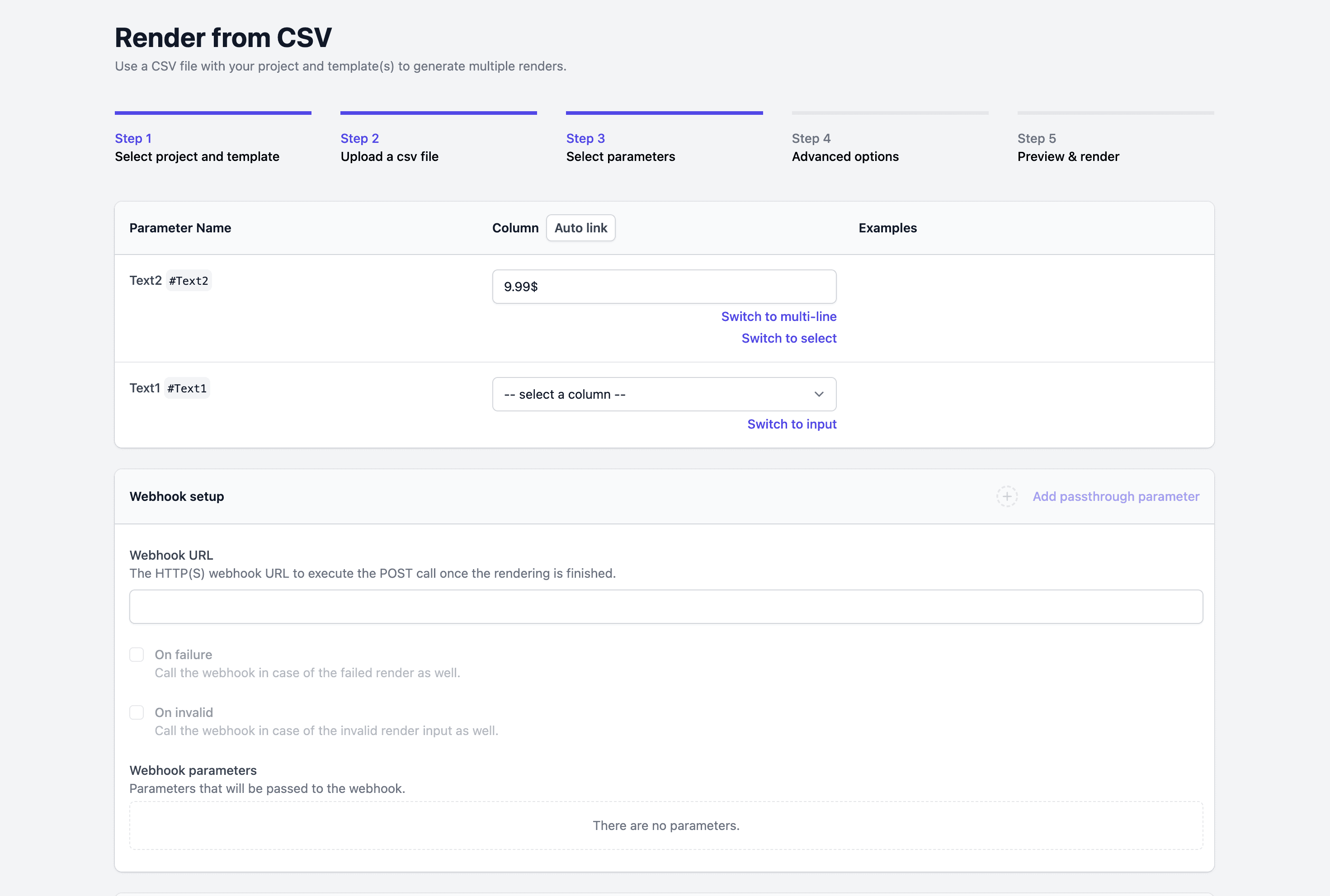 Mapping columns to parameters in batch render
