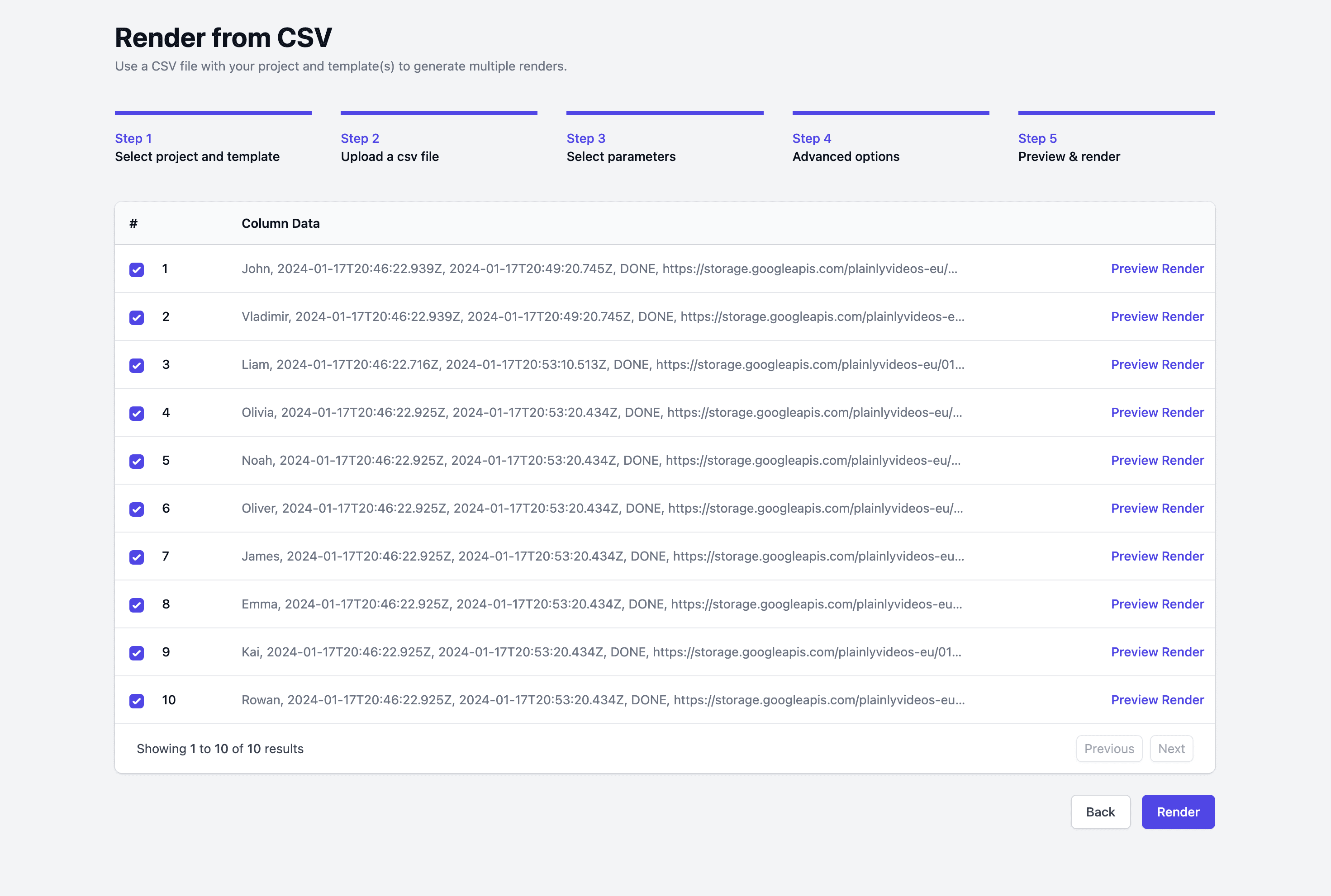 Batch render preview table