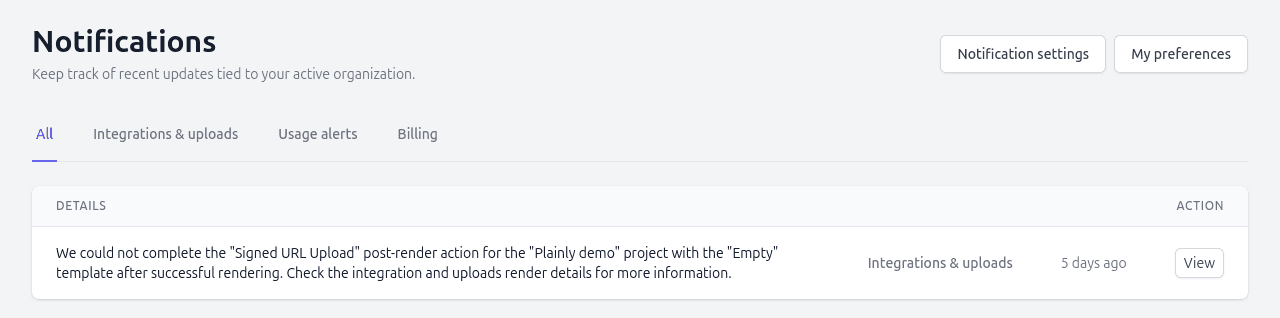 In-app notifications inbox