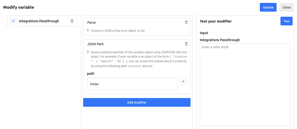 Variable modifier dialog