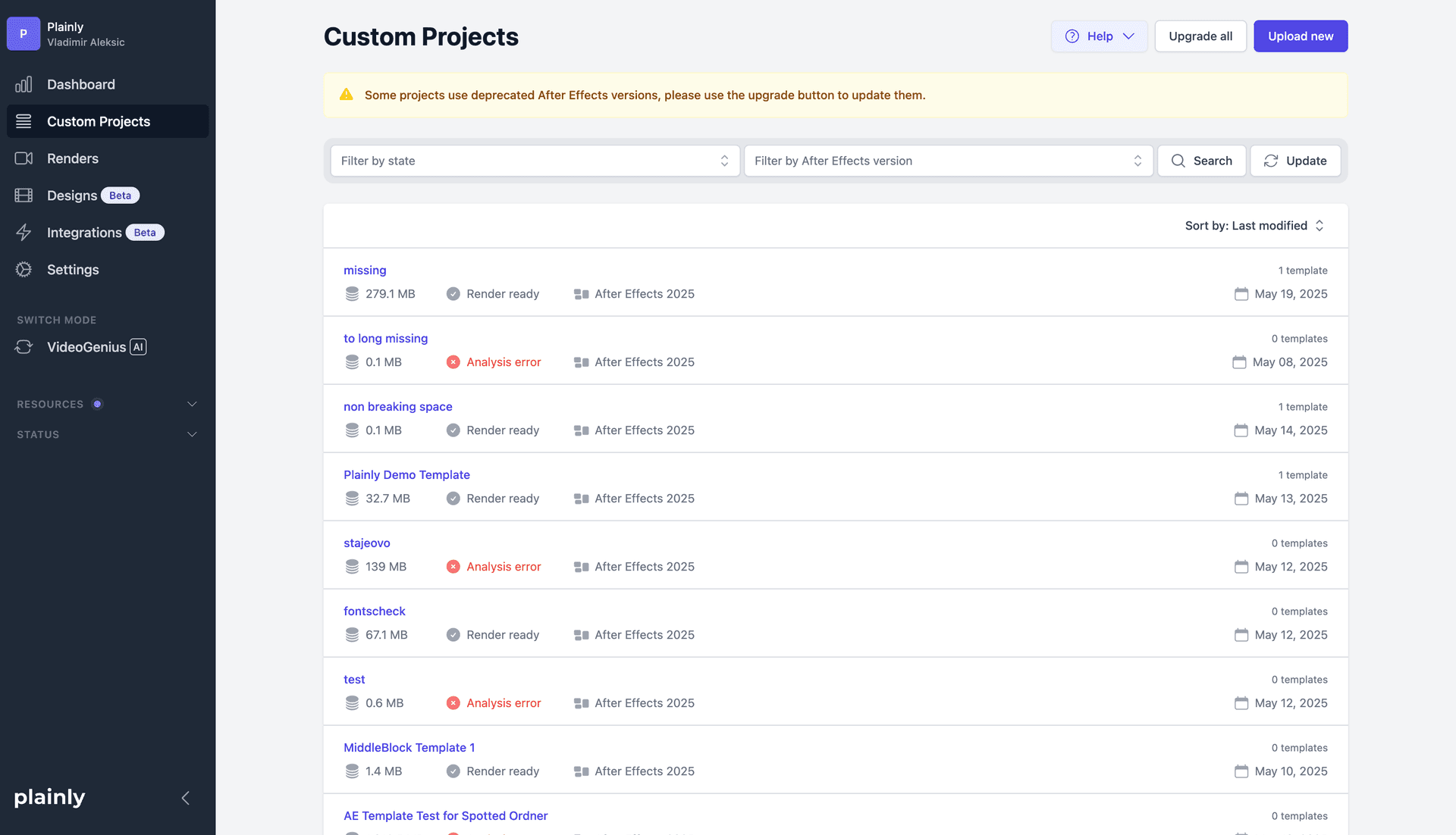 List of projects page